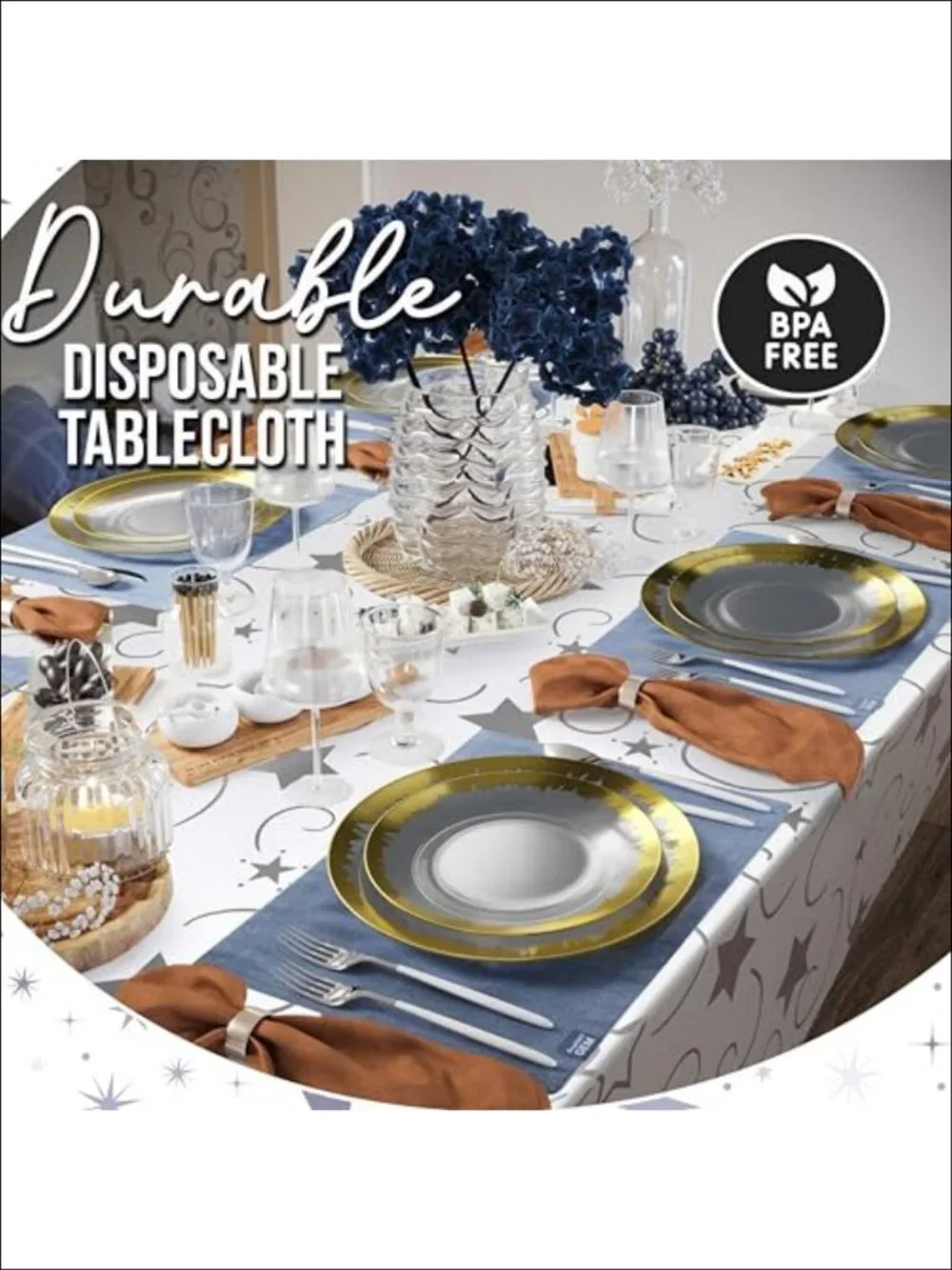 12 Pack Silver Star Tablecloth Rectangle 54x108 Disposable Plastic Table Cover